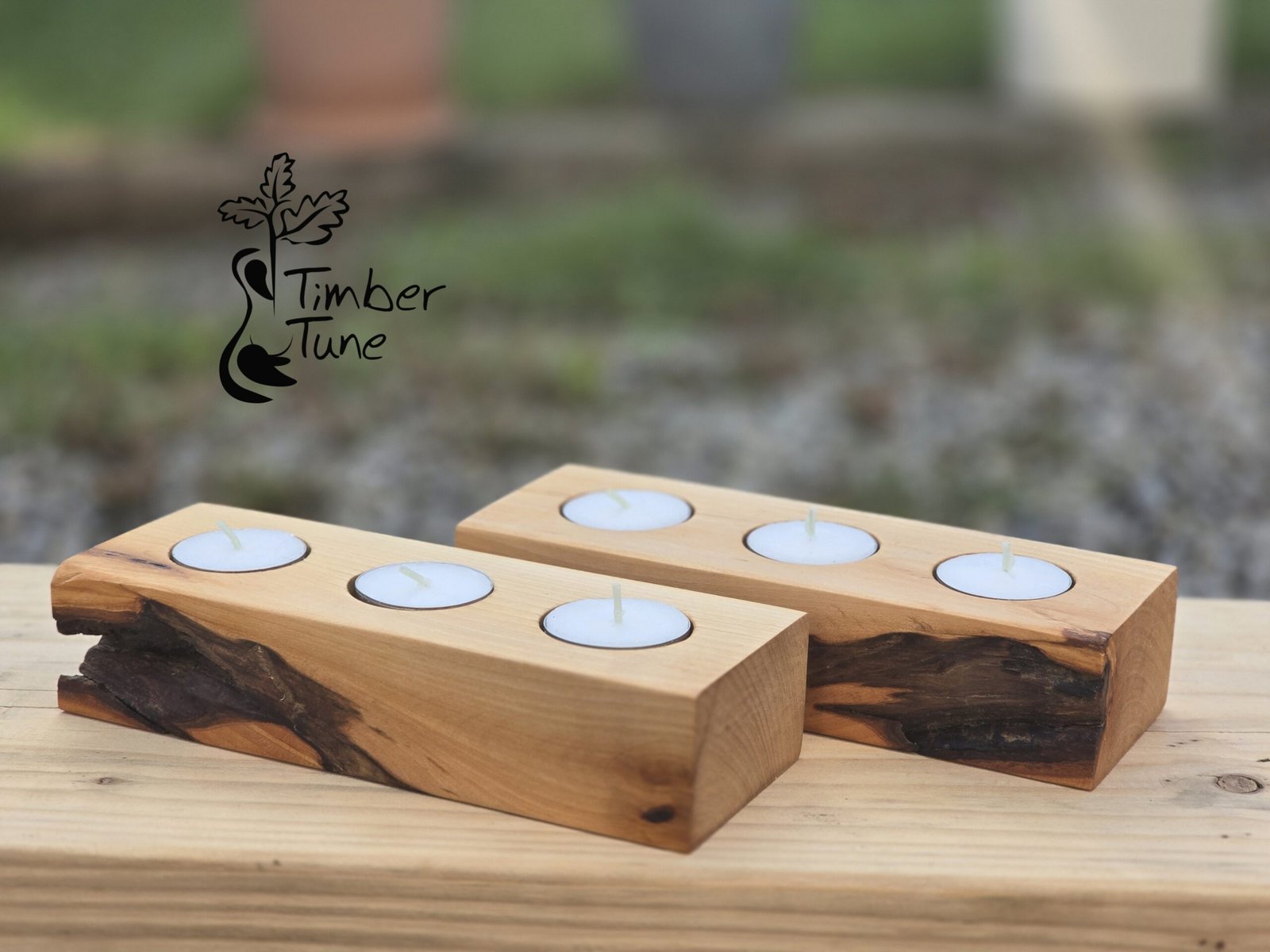 Rustic Live Edge Wood Candle Holder, Triple Tealight, Handcrafted Home Decor Gift - obrazek 2