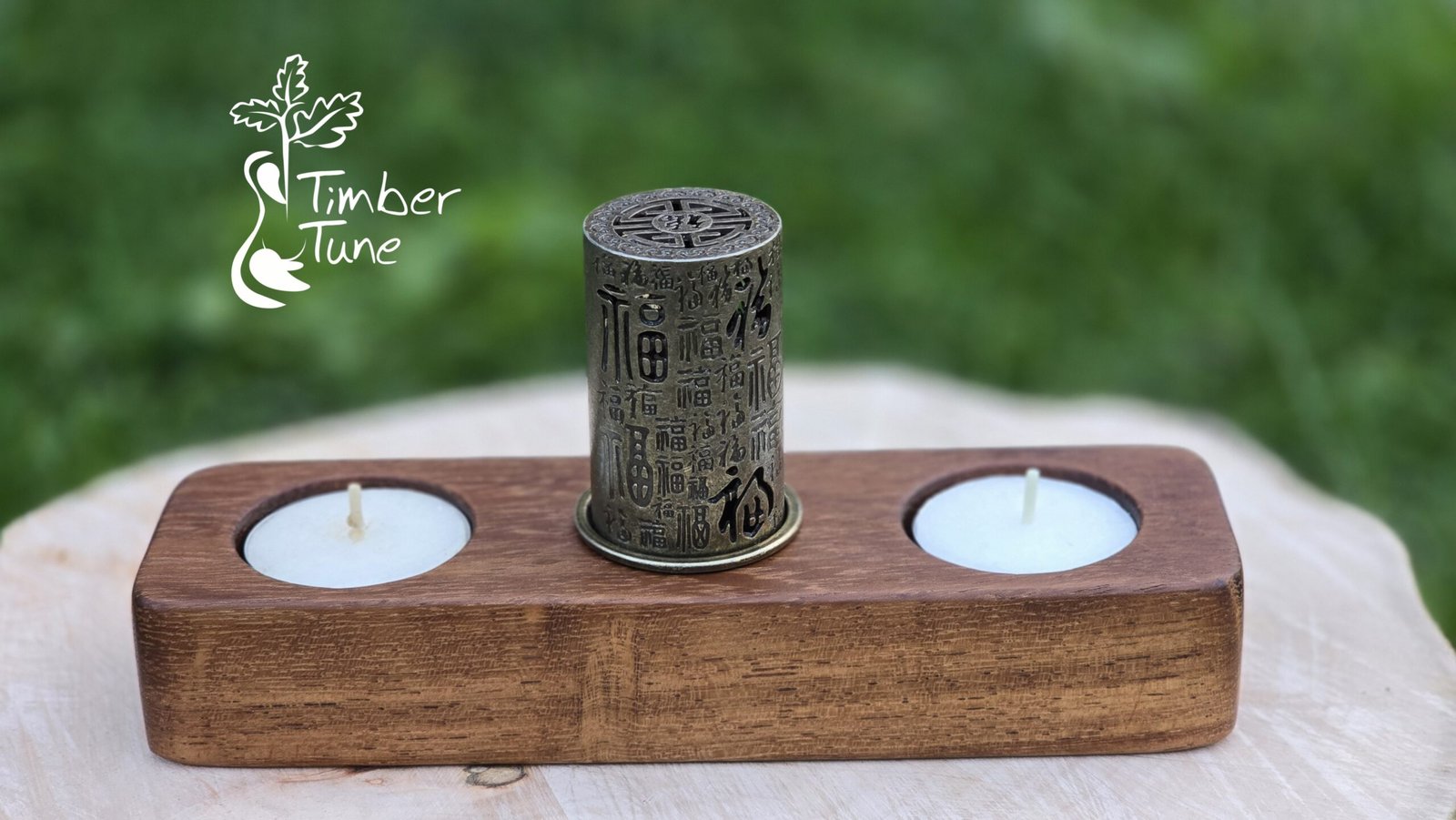 Handmade Wooden Tealight Holder with Incense Burner, Chinese 福 Good Fortune Symbol - obrazek 2