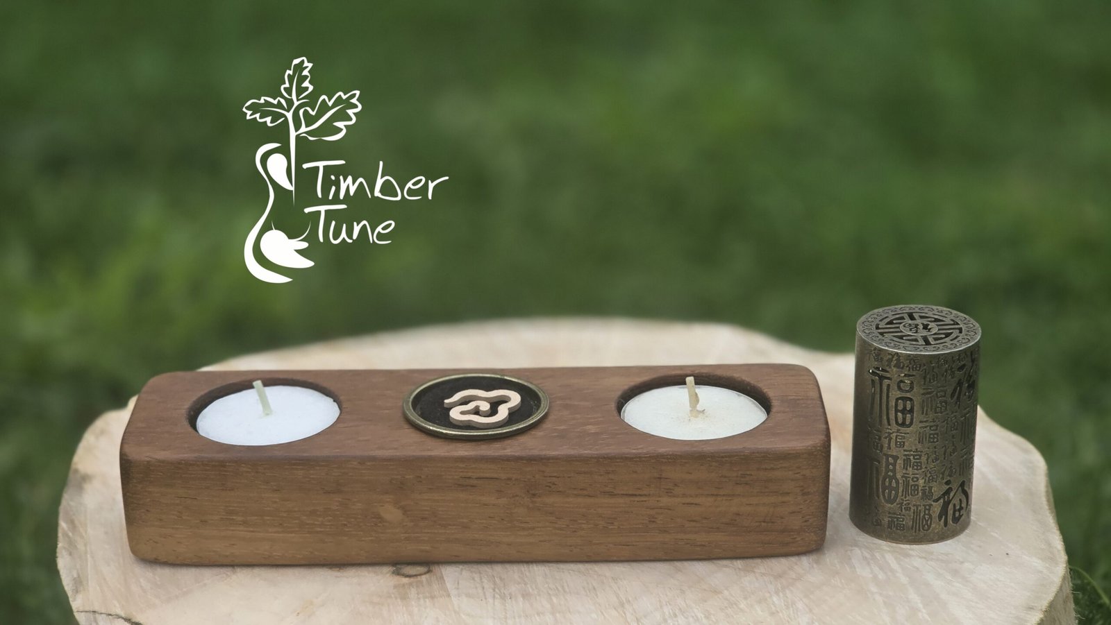 Handmade Wooden Tealight Holder with Incense Burner, Chinese 福 Good Fortune Symbol - obrazek 3
