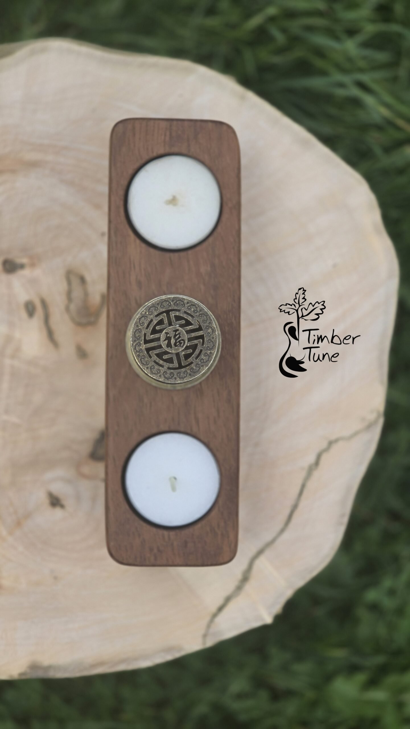 Handmade Wooden Tealight Holder with Incense Burner, Chinese 福 Good Fortune Symbol