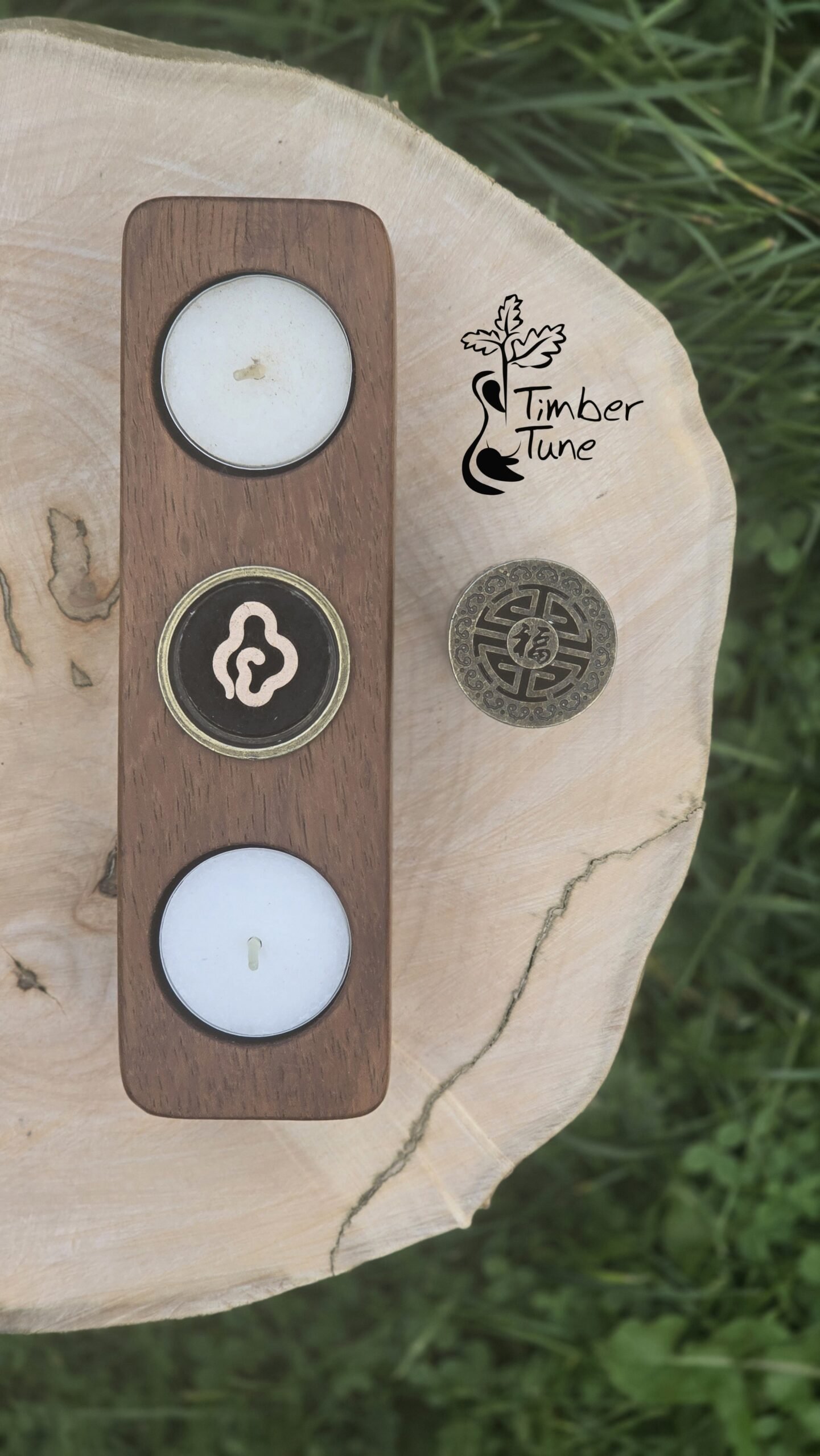 Handmade Wooden Tealight Holder with Incense Burner, Chinese 福 Good Fortune Symbol - obrazek 4